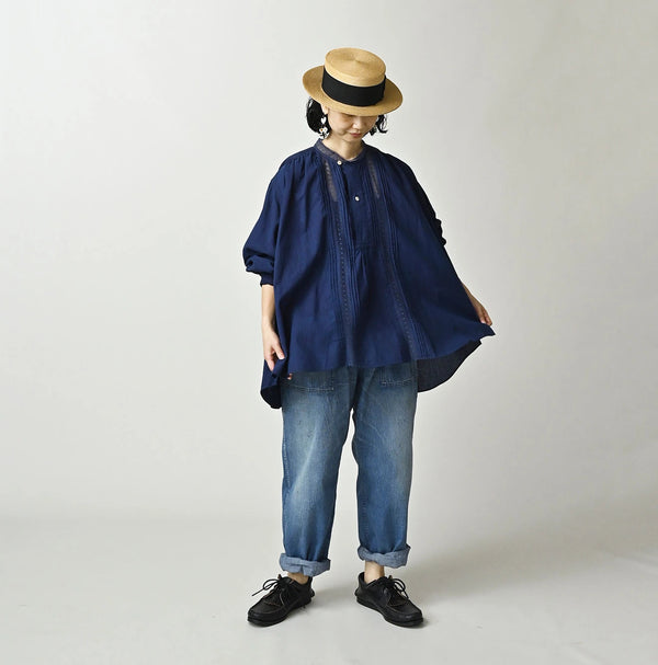 45R Ai Indigo Khadi Lace Tuck Smock Blouse