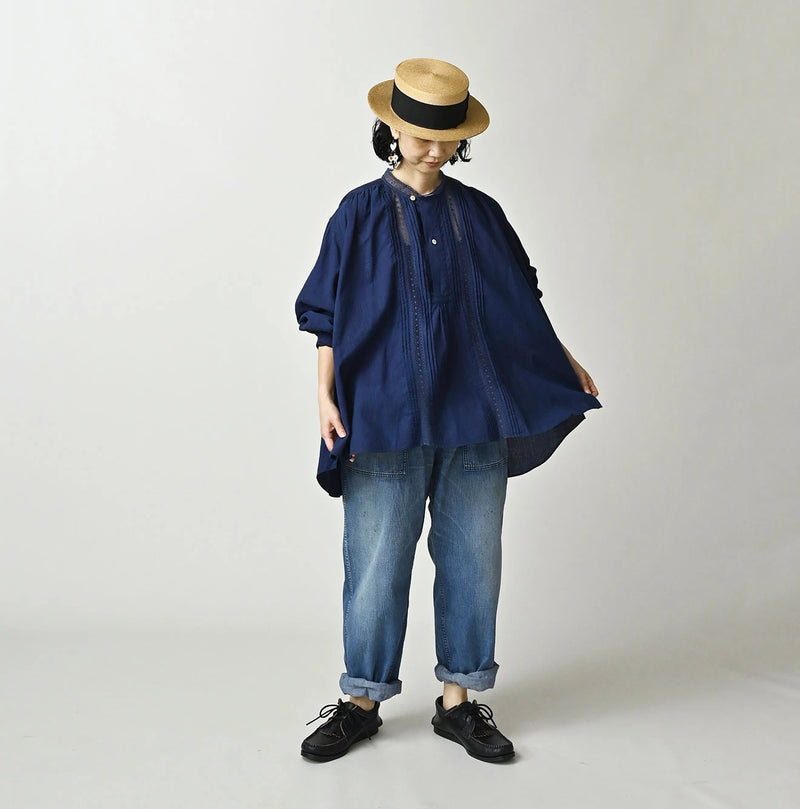 45R Ai Indigo Khadi Lace Tuck Smock Blouse - Image 2