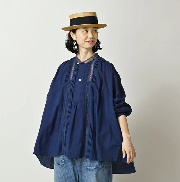 45R Ai Indigo Khadi Lace Tuck Smock Blouse