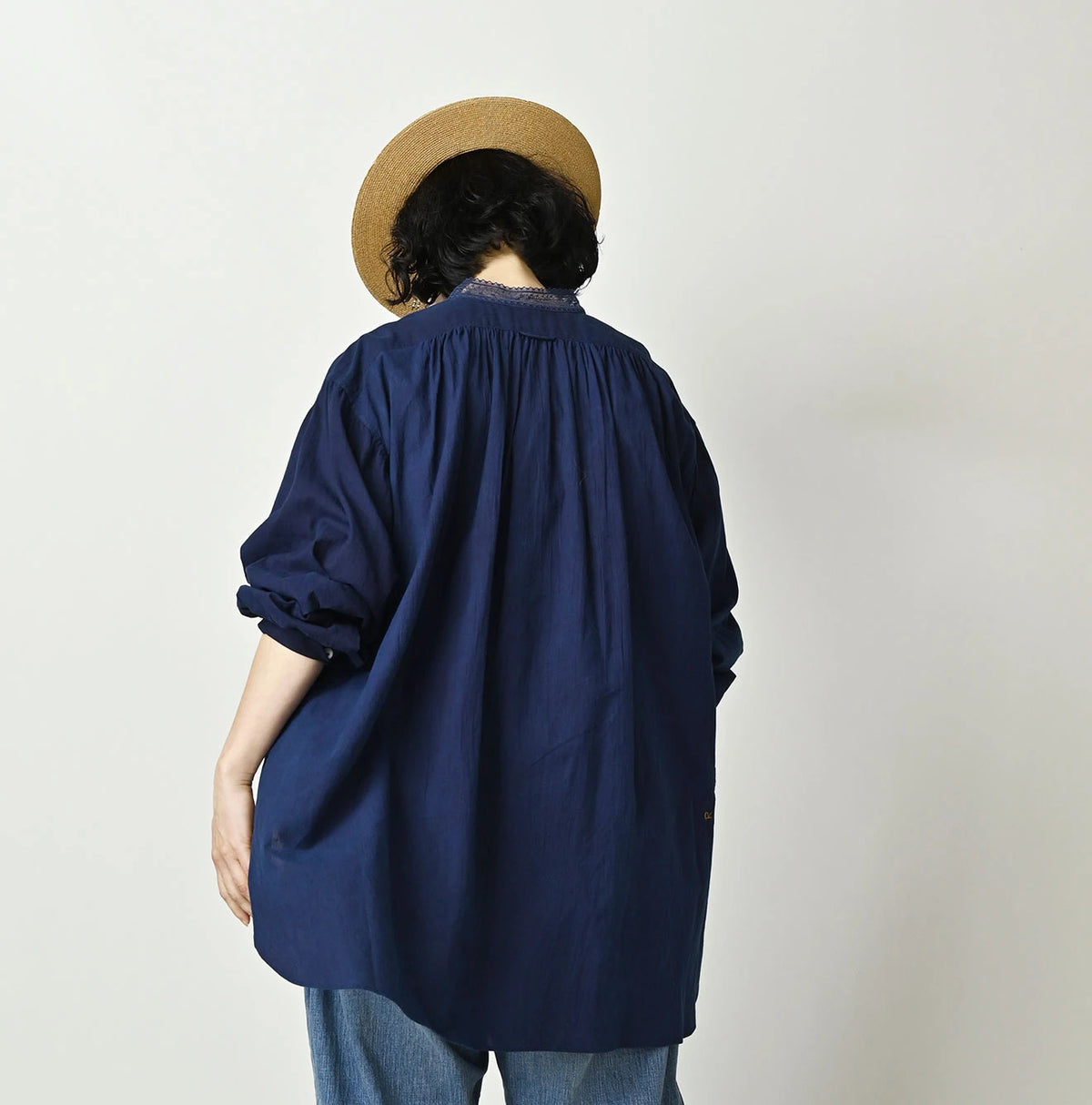 45R Ai Indigo Khadi Lace Tuck Smock Blouse