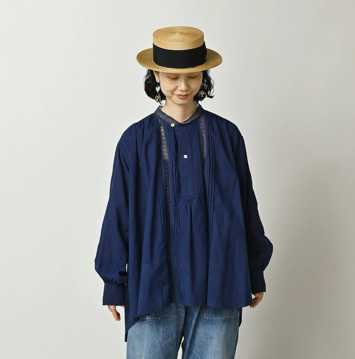 45R Ai Indigo Khadi Lace Tuck Smock Blouse