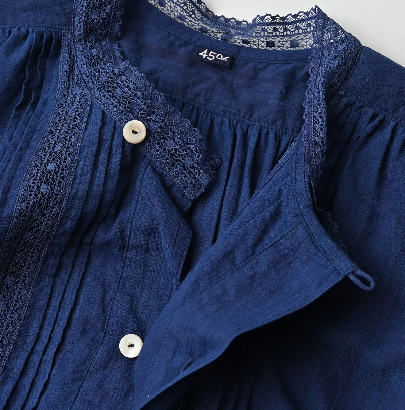 45R Ai Indigo Khadi Lace Tuck Smock Blouse - Image 15