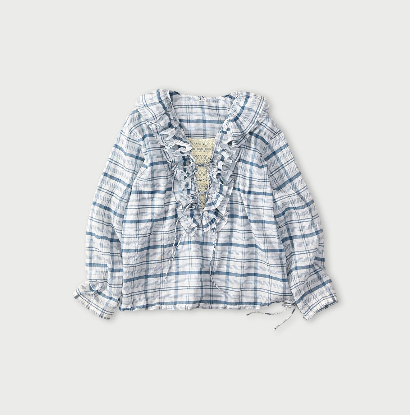 45R Ai Indigo Feather Khadi Silk Check Frill de T-shirt - Image 1