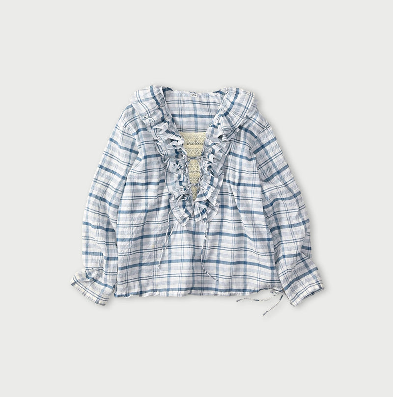 45R Ai Indigo Feather Khadi Silk Check Frill de T-shirt - Image 1