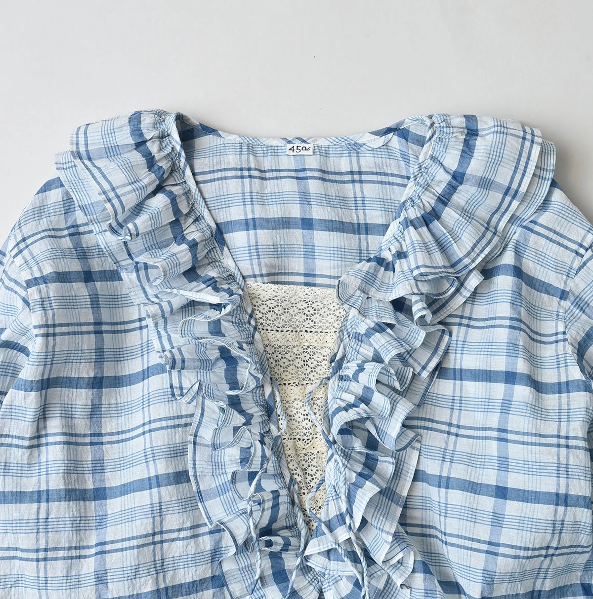 45R Ai Indigo Feather Khadi Silk Check Frill de T-shirt
