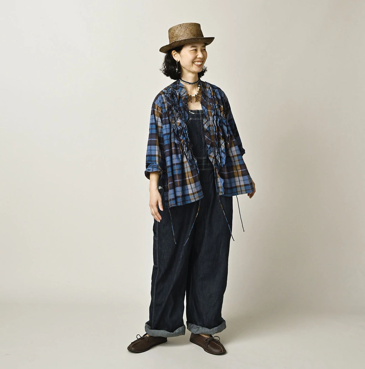 45R Ai Indigo Check Khadi Dobby Frill Cachecoeur