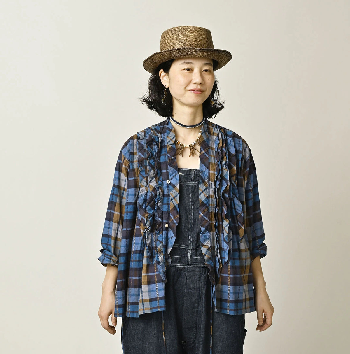 45R Ai Indigo Check Khadi Dobby Frill Cachecoeur