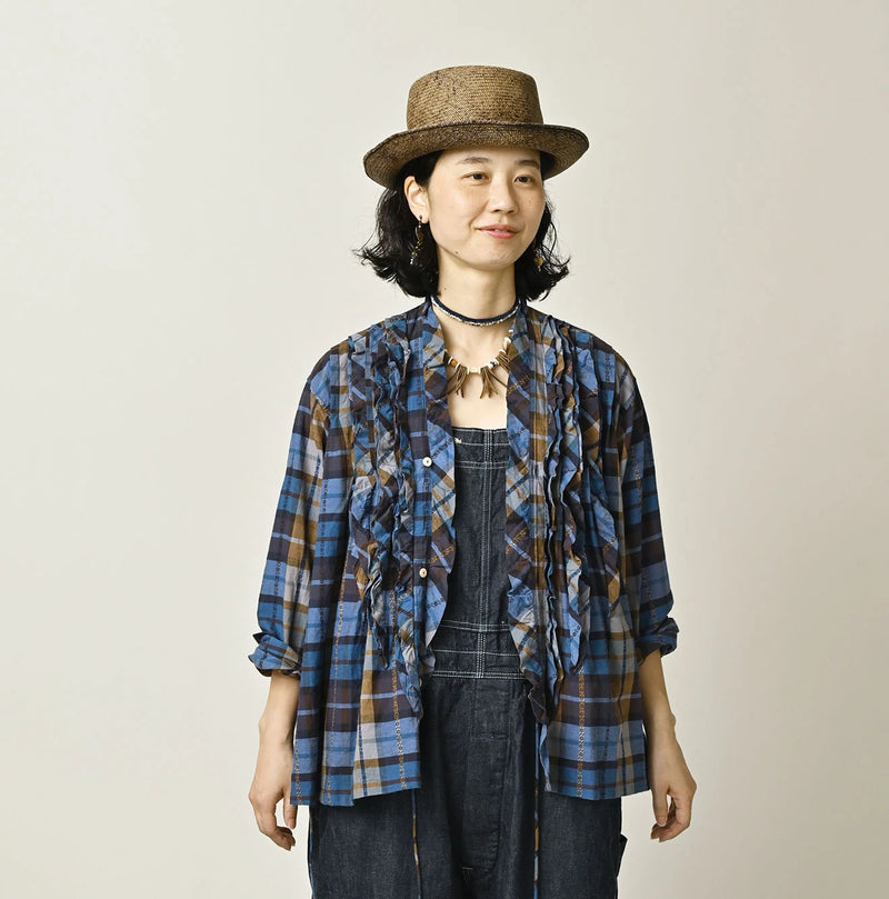45R Ai Indigo Check Khadi Dobby Frill Cachecoeur - Image 3