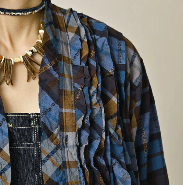 45R Ai Indigo Check Khadi Dobby Frill Cachecoeur