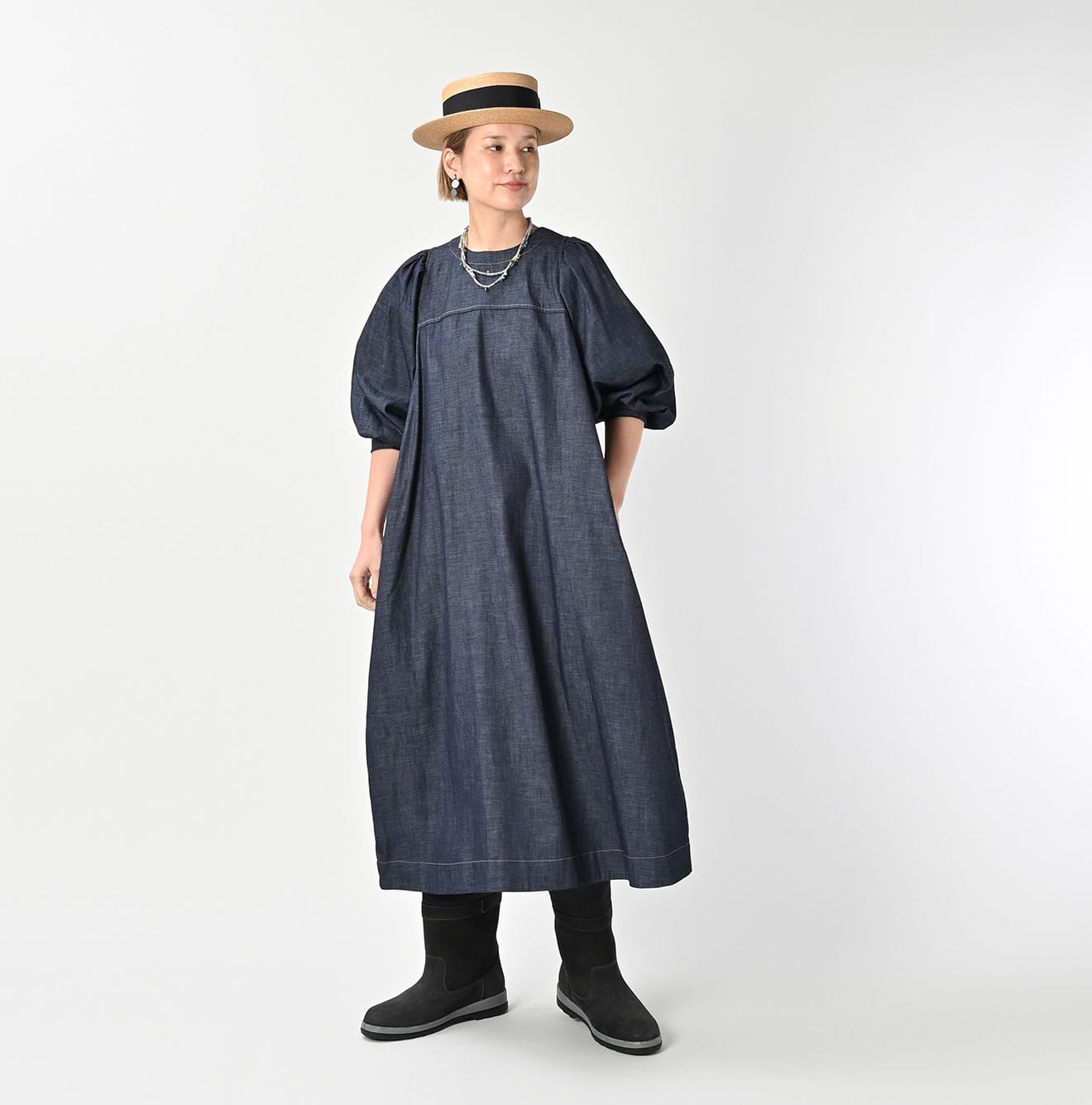 45R 45 Petit Denim Puff Sleeve Dress