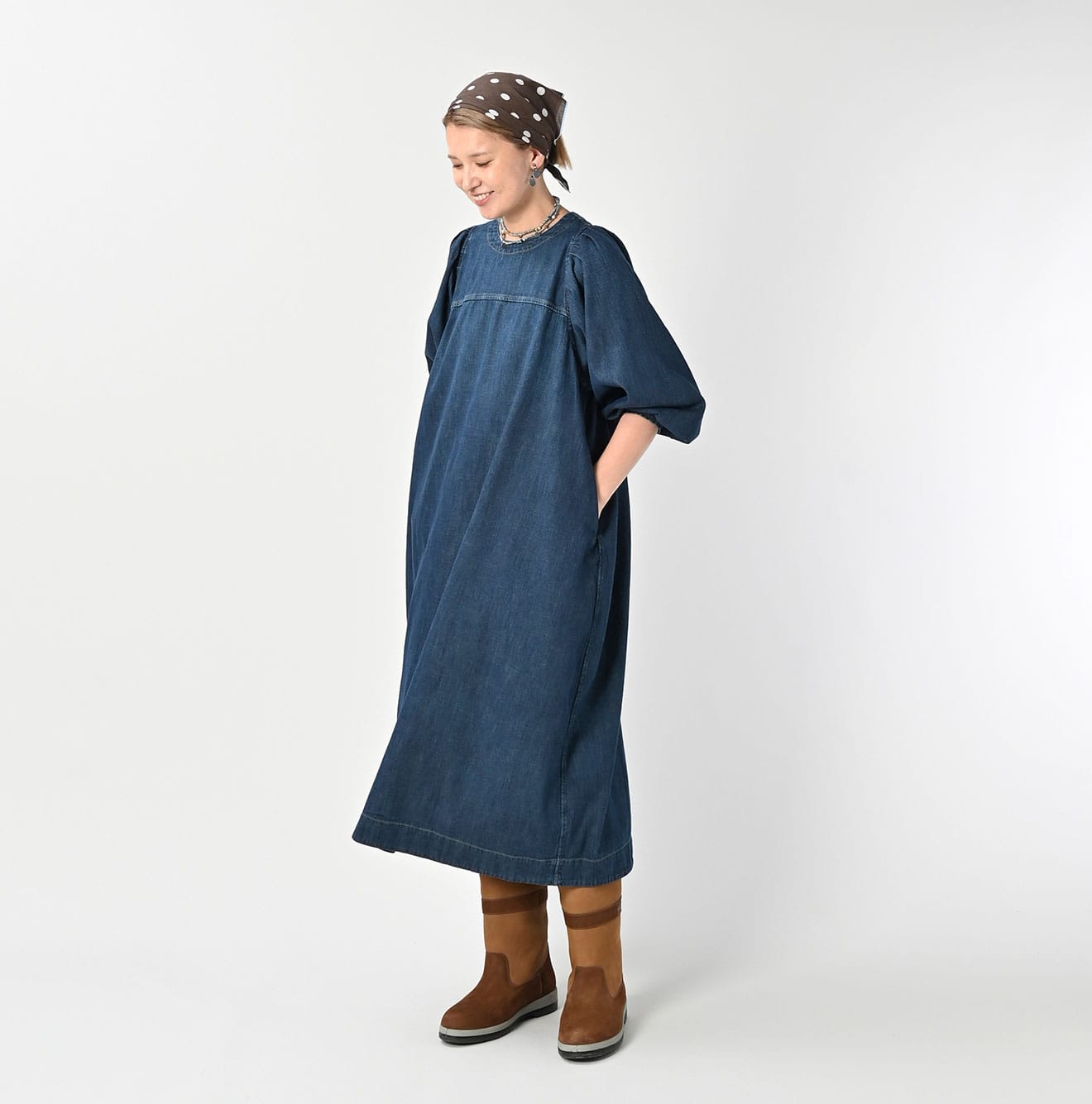 45R 45 Petit Denim Puff Sleeve Dress