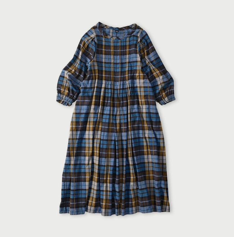 45R Ai Indigo Check Khadi Dobby Tuck Dress - Image 1