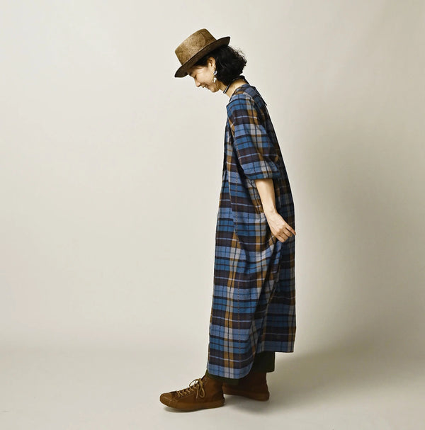 45R Ai Indigo Check Khadi Dobby Tuck Dress