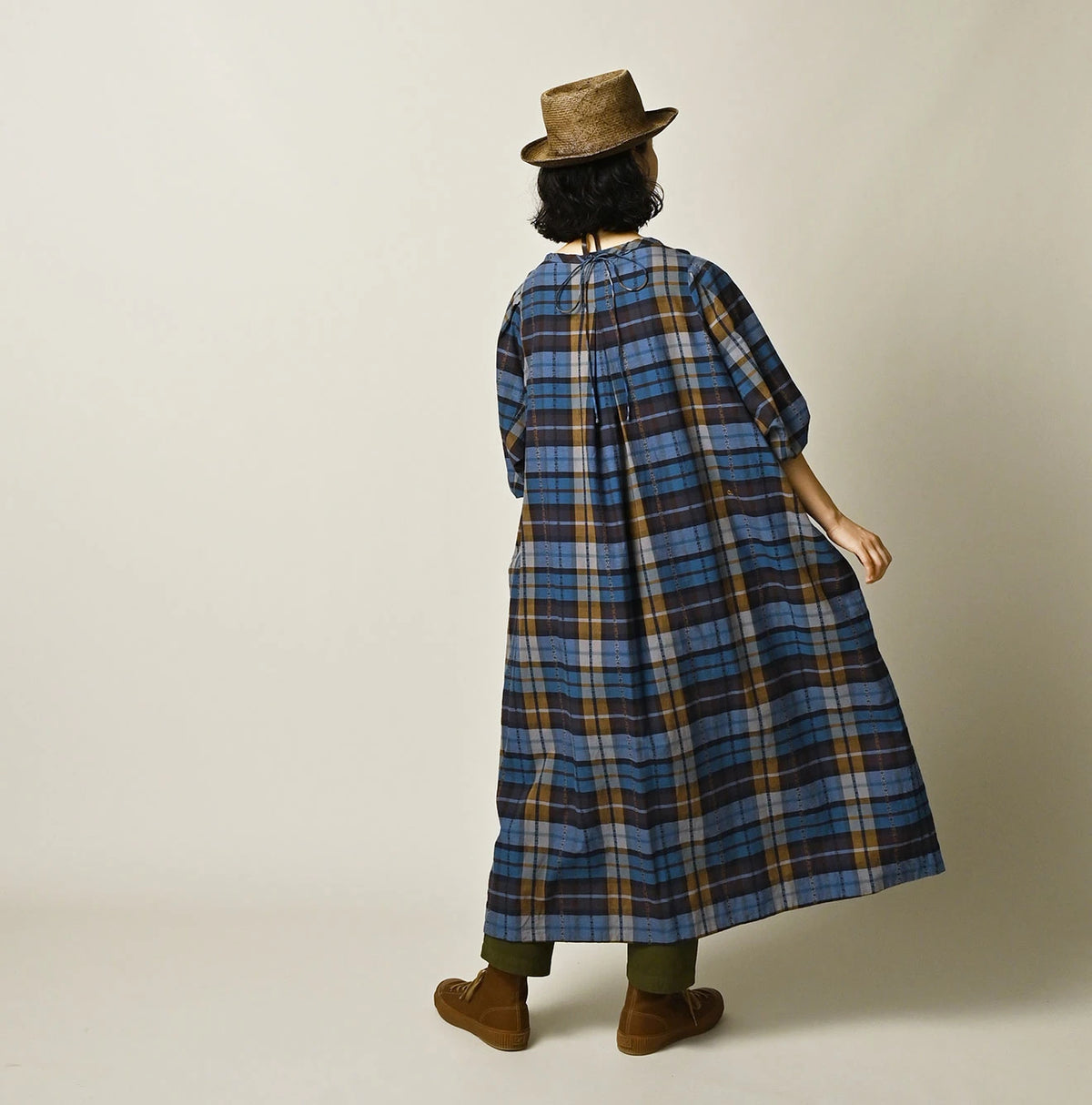 45R Ai Indigo Check Khadi Dobby Tuck Dress