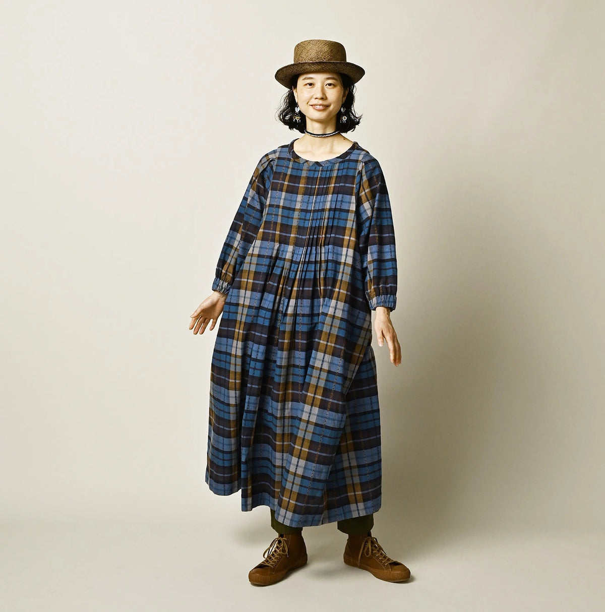 45R Ai Indigo Check Khadi Dobby Tuck Dress