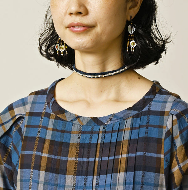45R Ai Indigo Check Khadi Dobby Tuck Dress