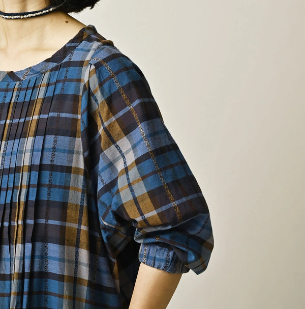45R Ai Indigo Check Khadi Dobby Tuck Dress