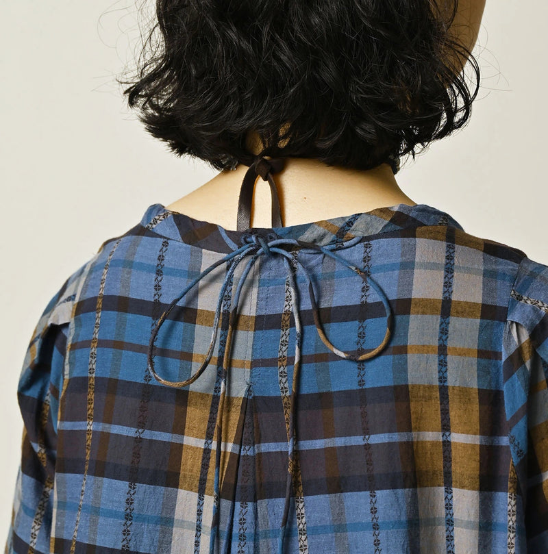 45R Ai Indigo Check Khadi Dobby Tuck Dress - Image 10