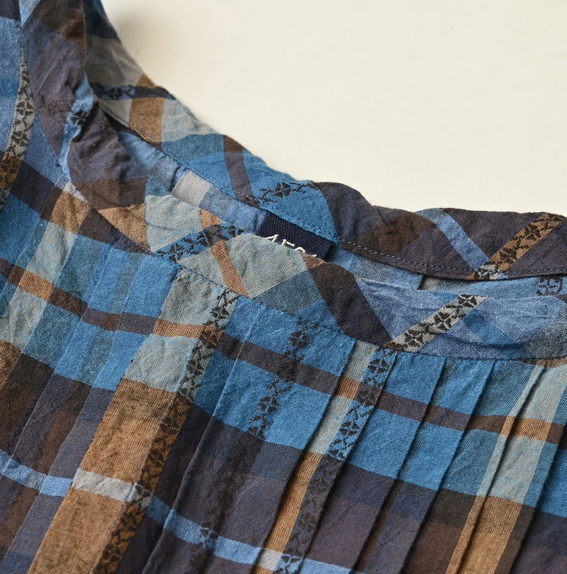 45R Ai Indigo Check Khadi Dobby Tuck Dress - Image 14