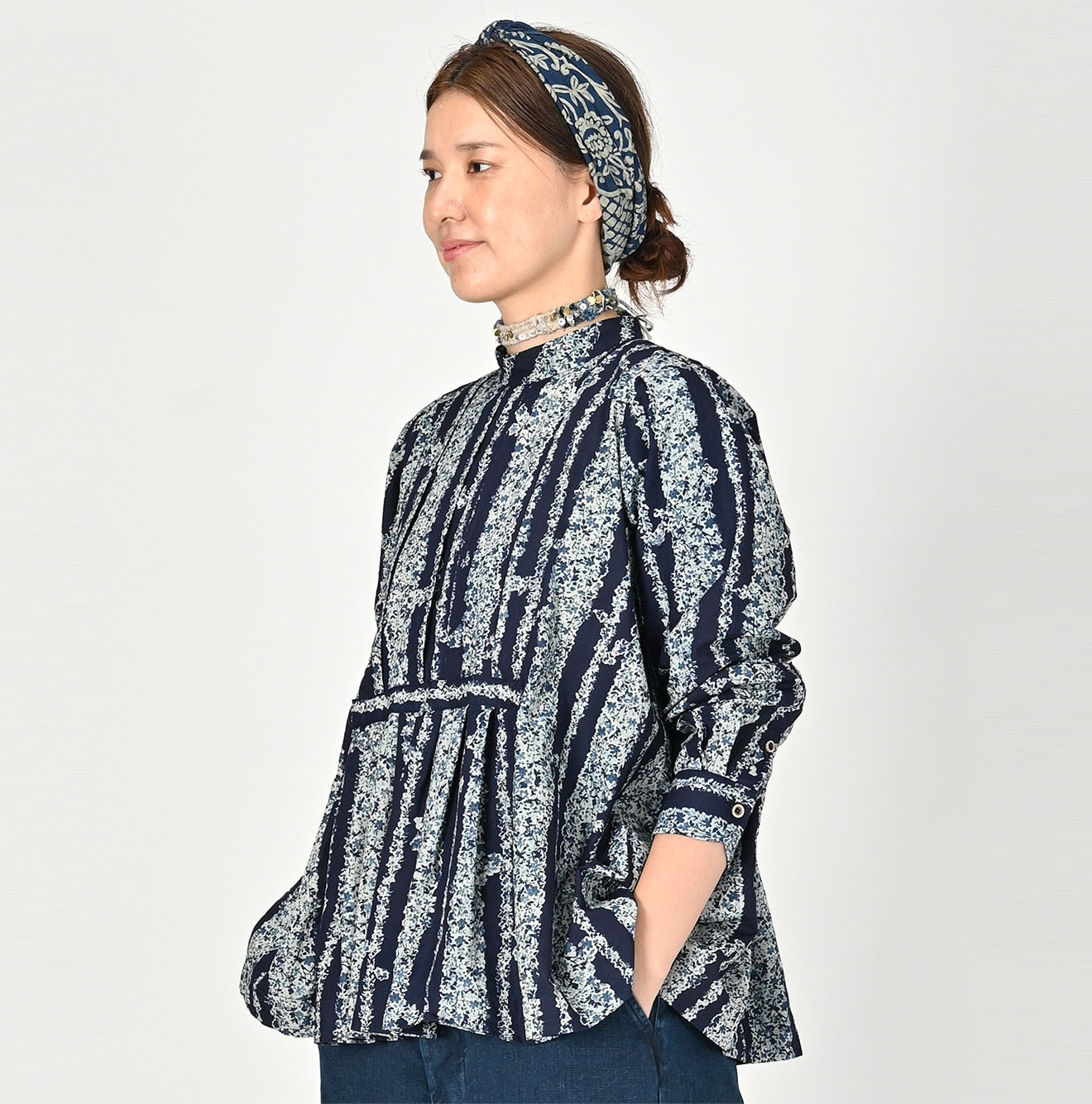 Indigo Khadi Saponaria Flower Blouse (Size 2) - 45R by 45rpm studio