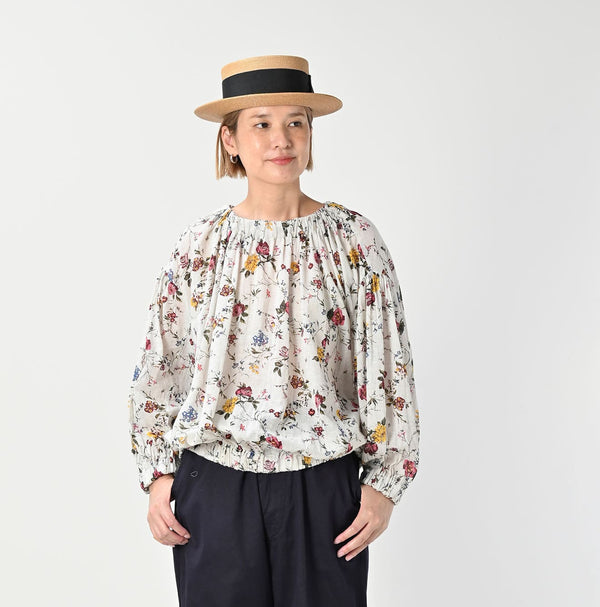 45R Gauze Antique Flower Shirring Blouse