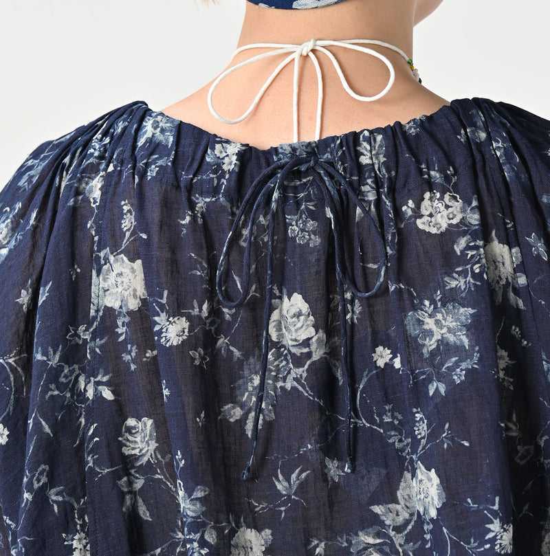 45R Gauze Antique Flower Shirring Blouse