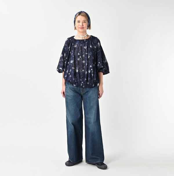 45R Gauze Antique Flower Shirring Blouse