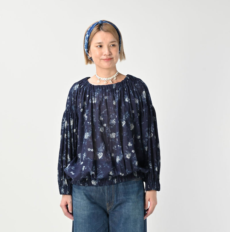 45R Gauze Antique Flower Shirring Blouse