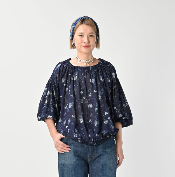 45R Gauze Antique Flower Shirring Blouse