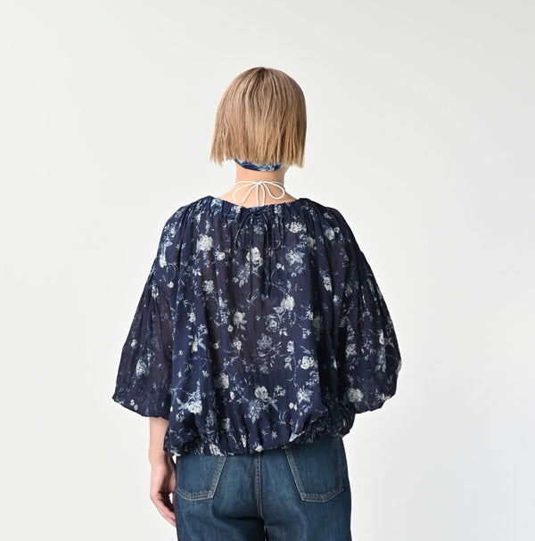 45R Gauze Antique Flower Shirring Blouse