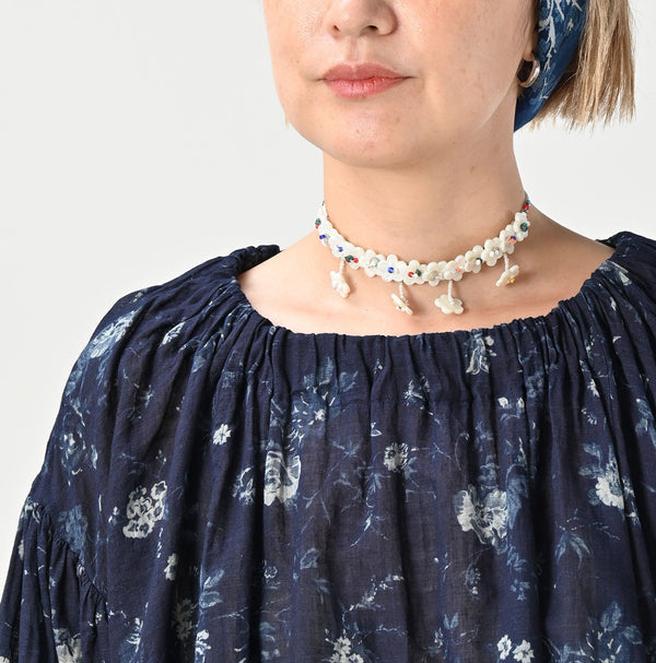 45R Gauze Antique Flower Shirring Blouse