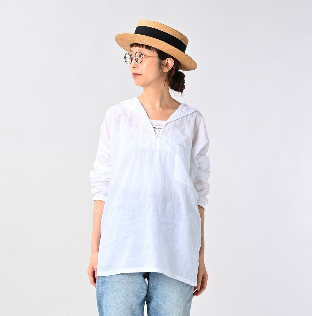 45R Khadi Lace Sailor Collar Blouse (White)