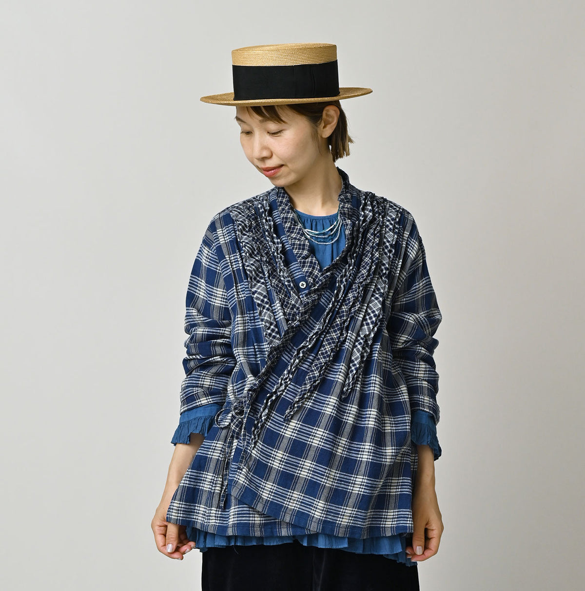 45R Ai Indigo Flannel Mix Patchwork Frill Cachecoeur