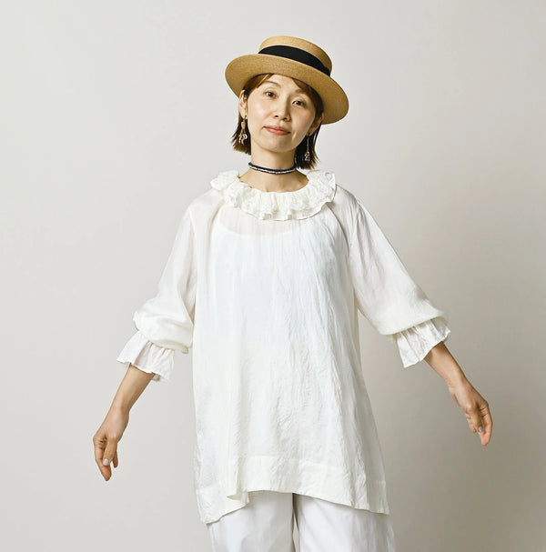 45R Ai Indigo Silk Frilled Collar Blouse