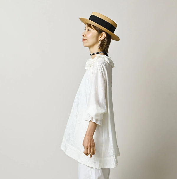 45R Ai Indigo Silk Frilled Collar Blouse