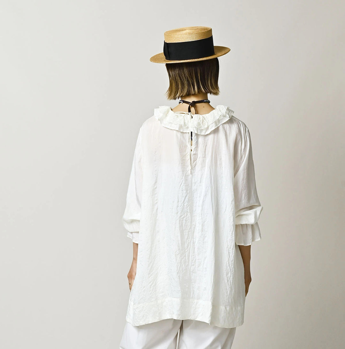 45R Ai Indigo Silk Frilled Collar Blouse