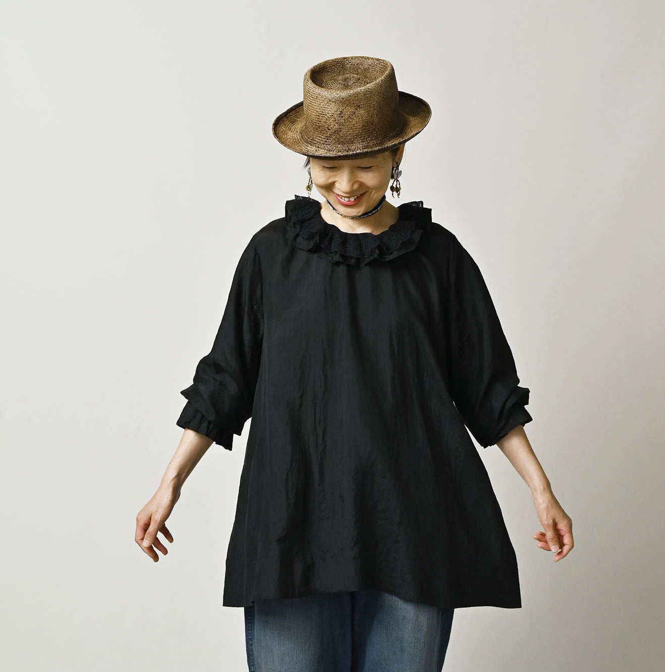 45R Ai Indigo Silk Frilled Collar Blouse - Image 3