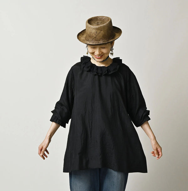 45R Ai Indigo Silk Frilled Collar Blouse