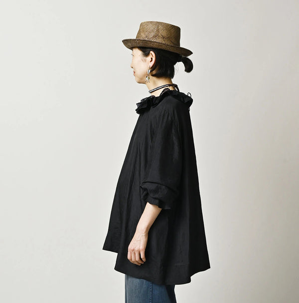 45R Ai Indigo Silk Frilled Collar Blouse