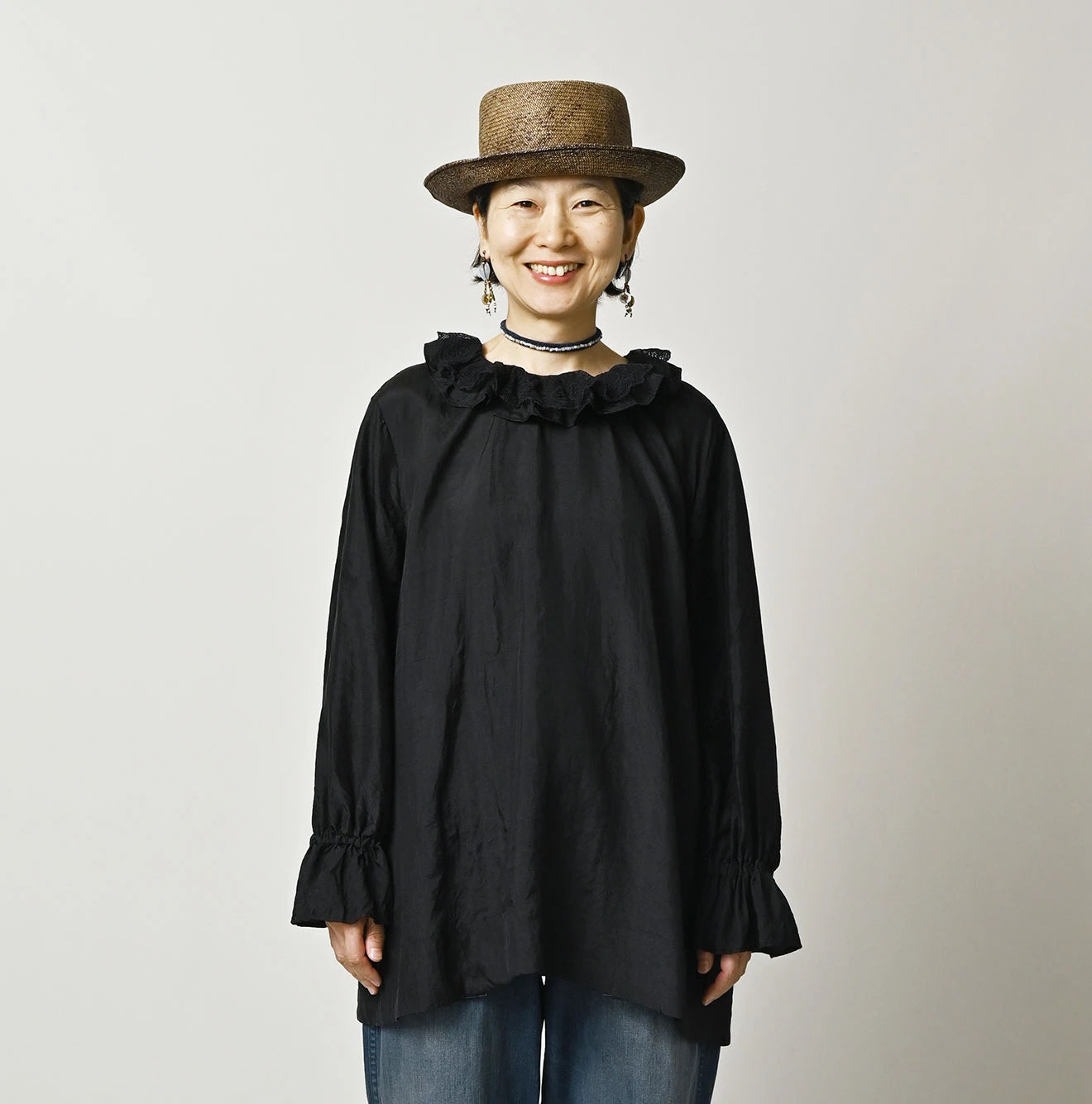 45R Ai Indigo Silk Frilled Collar Blouse - Image 6