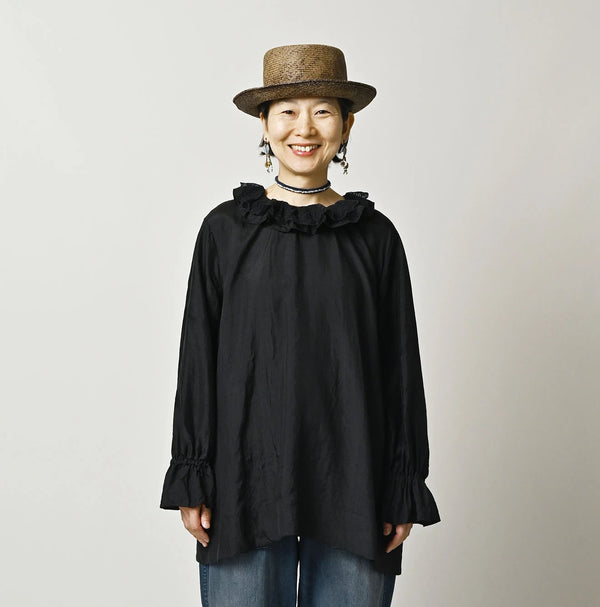 45R Ai Indigo Silk Frilled Collar Blouse