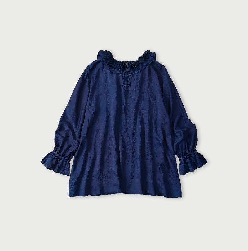 45R Ai Indigo Silk Frilled Collar Blouse - Image 9