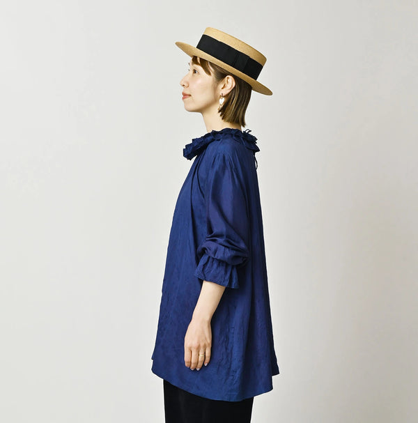 45R Ai Indigo Silk Frilled Collar Blouse
