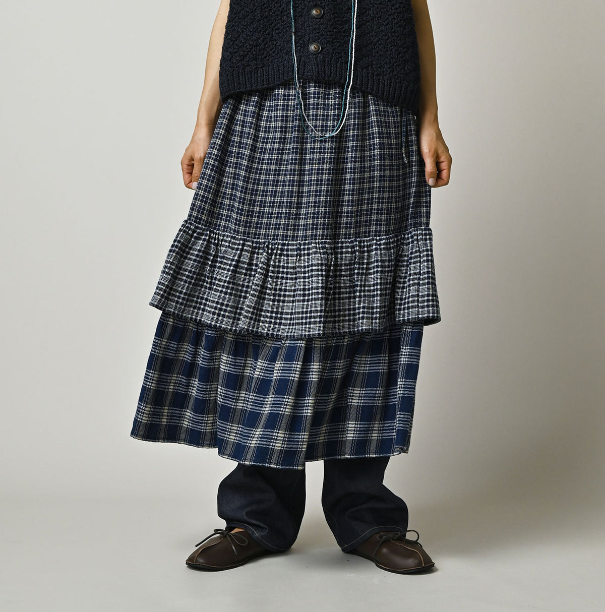 45R Ai Indigo Flannel Mix Tiered Frill Petti Skirt