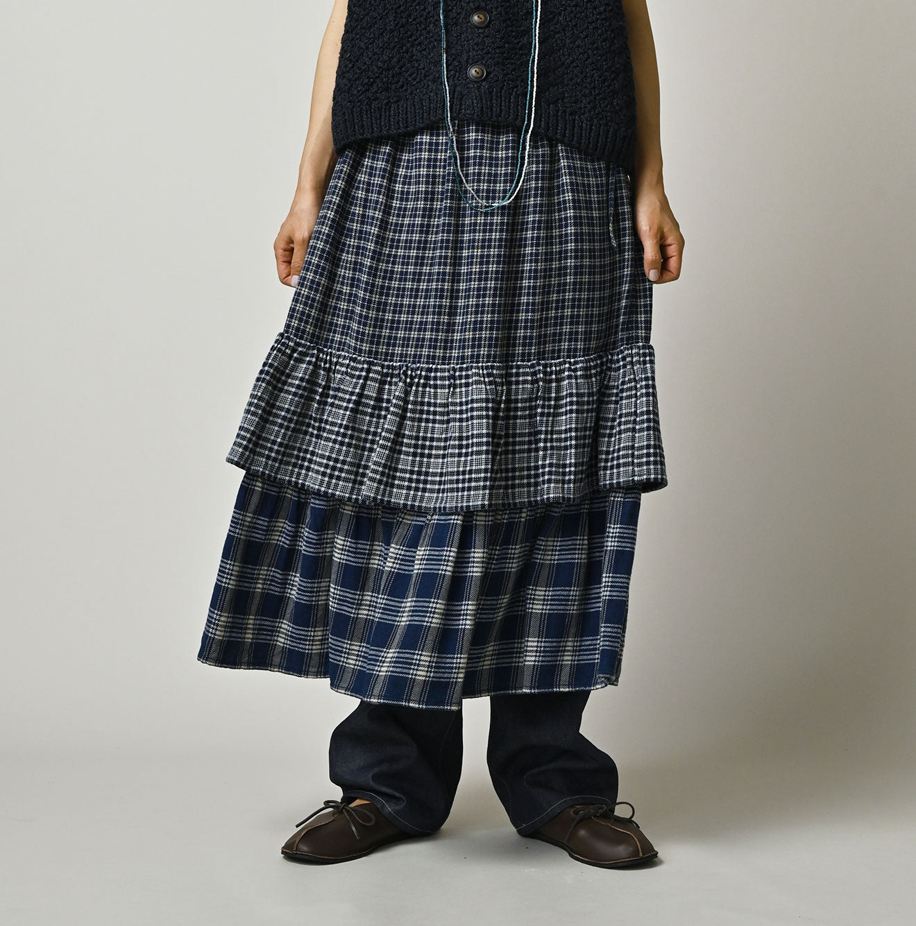 45R Ai Indigo Flannel Mix Tiered Frill Petti Skirt - Image 3