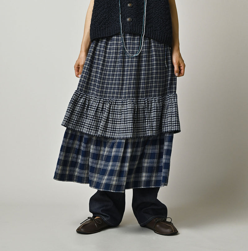 45R Ai Indigo Flannel Mix Tiered Frill Petti Skirt - Image 3