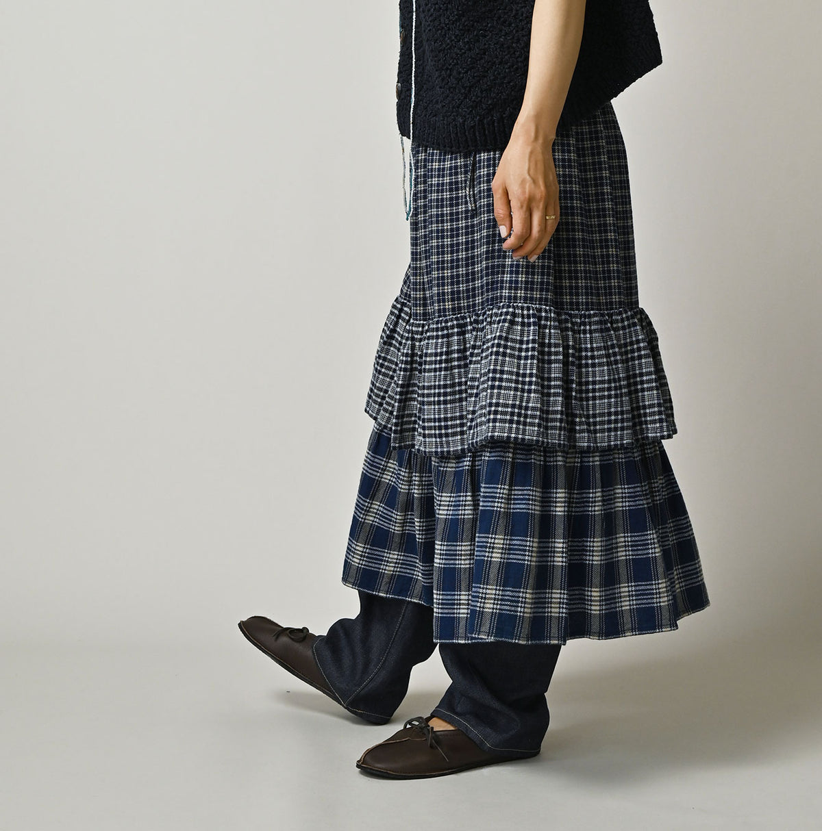 45R Ai Indigo Flannel Mix Tiered Frill Petti Skirt