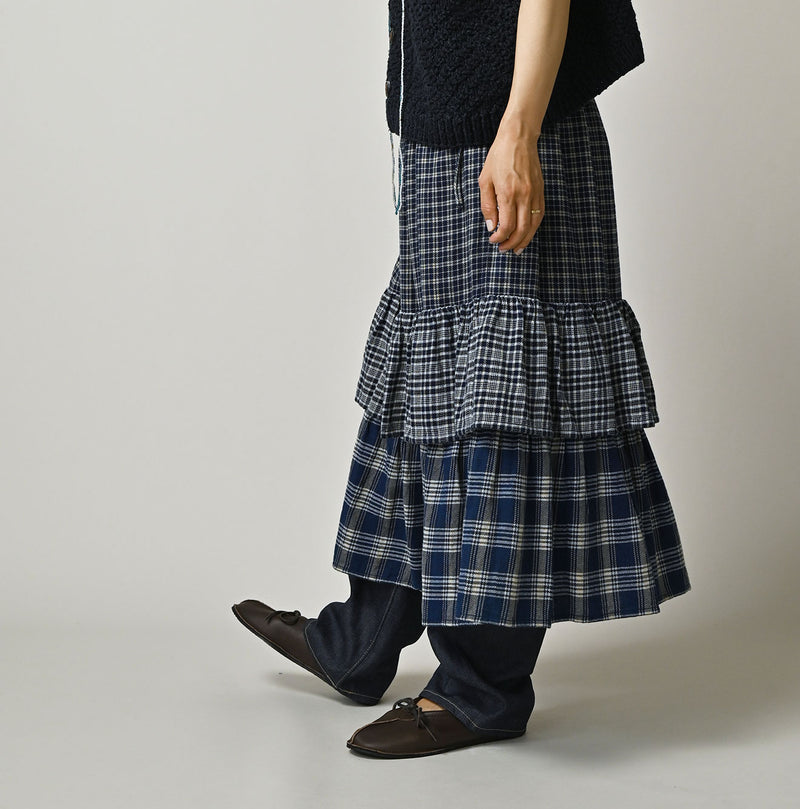 45R Ai Indigo Flannel Mix Tiered Frill Petti Skirt - Image 4
