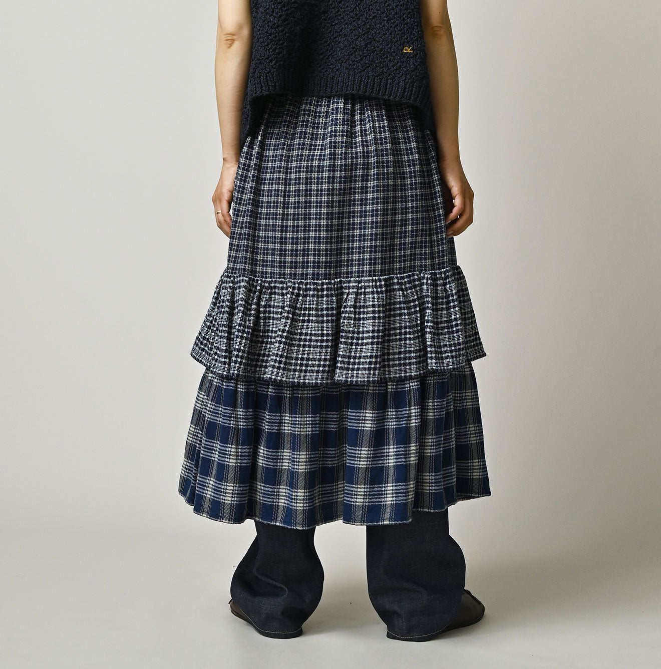 45R Ai Indigo Flannel Mix Tiered Frill Petti Skirt - Image 5