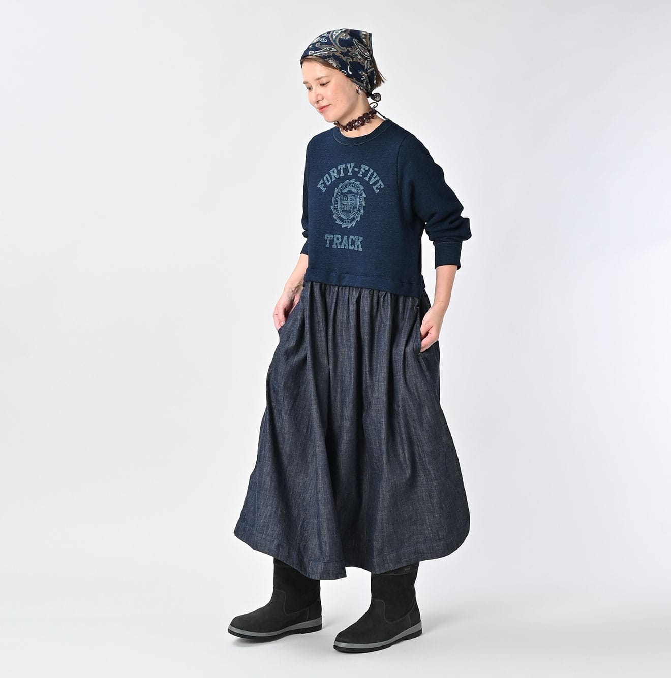 45R Indigo Cotton Fleece Denim Dress